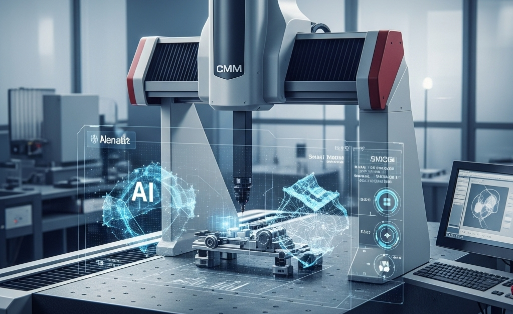 CMM machine conducting precision measurement of machined parts in manufacturing floor environment
