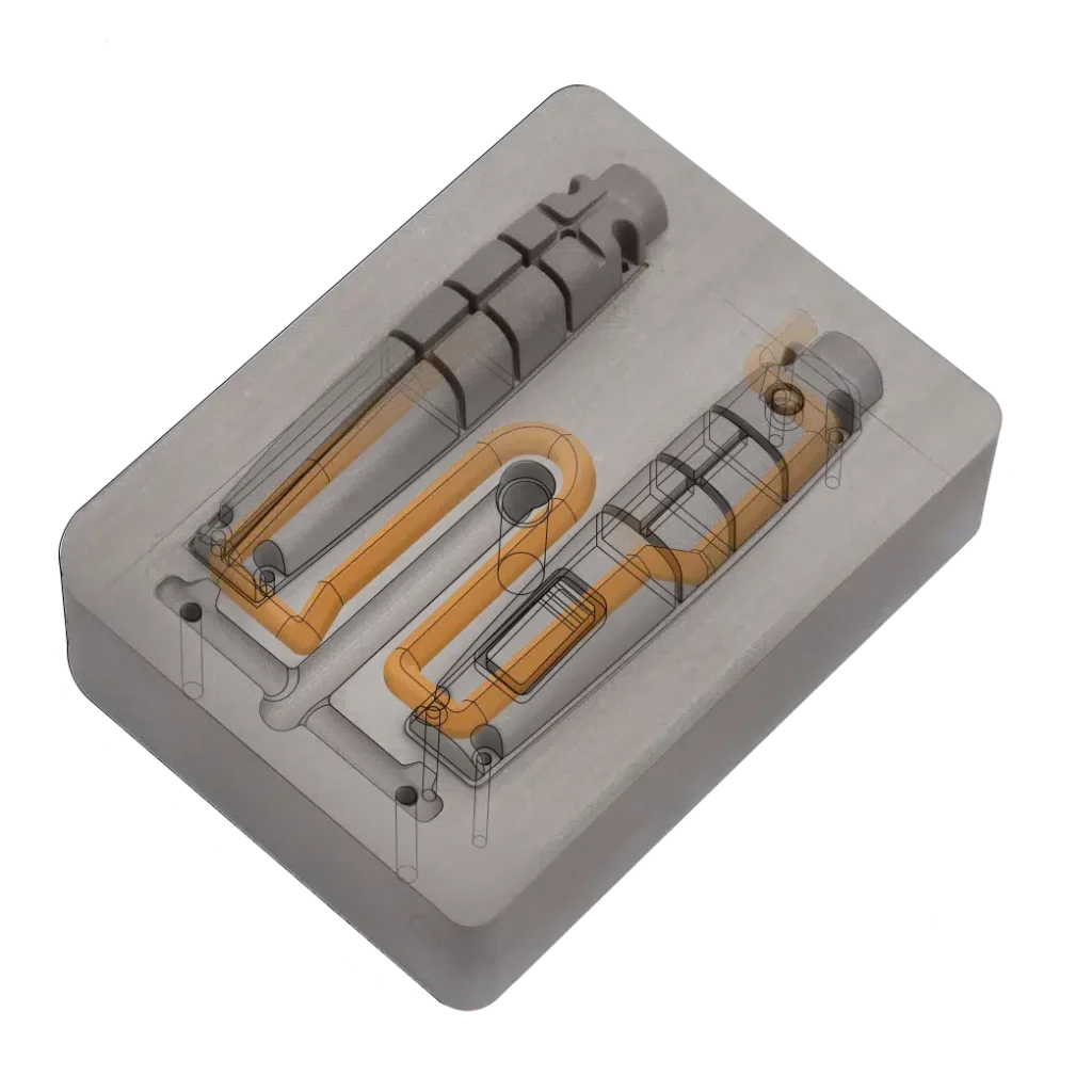 mold insert cross section showing conformal cooling channels following part geometry